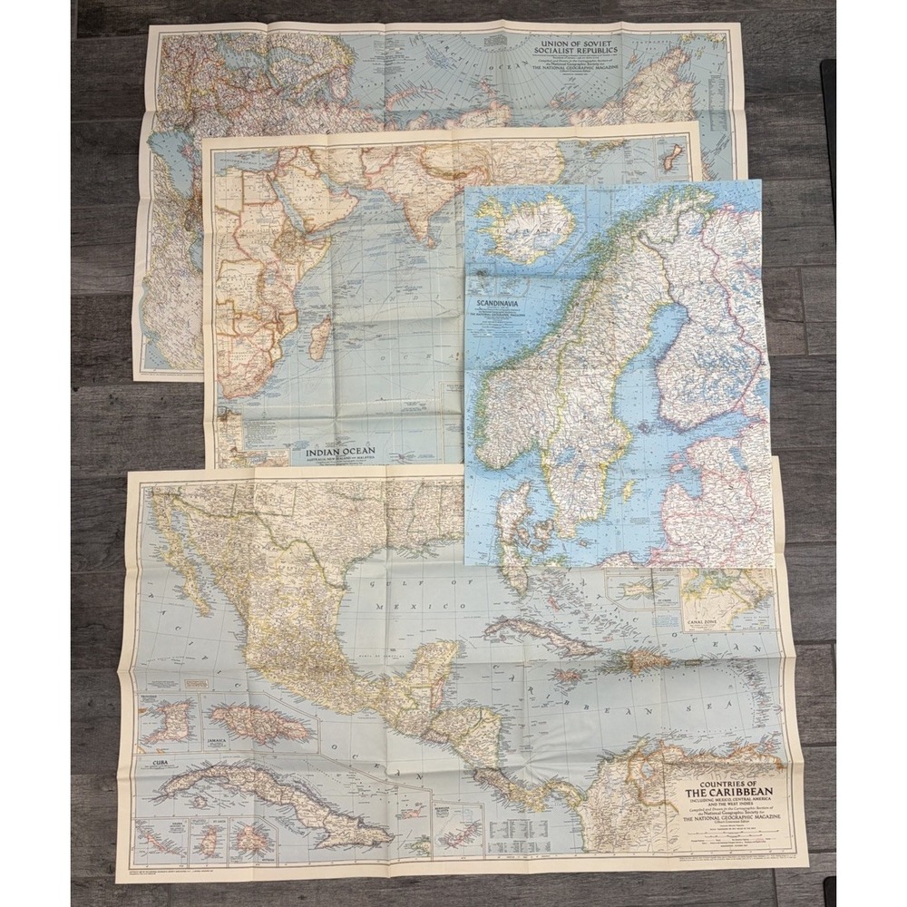 Vintage National Geographic Maps Lot 4 Caribbean USSR Scandinavia Indian Ocean